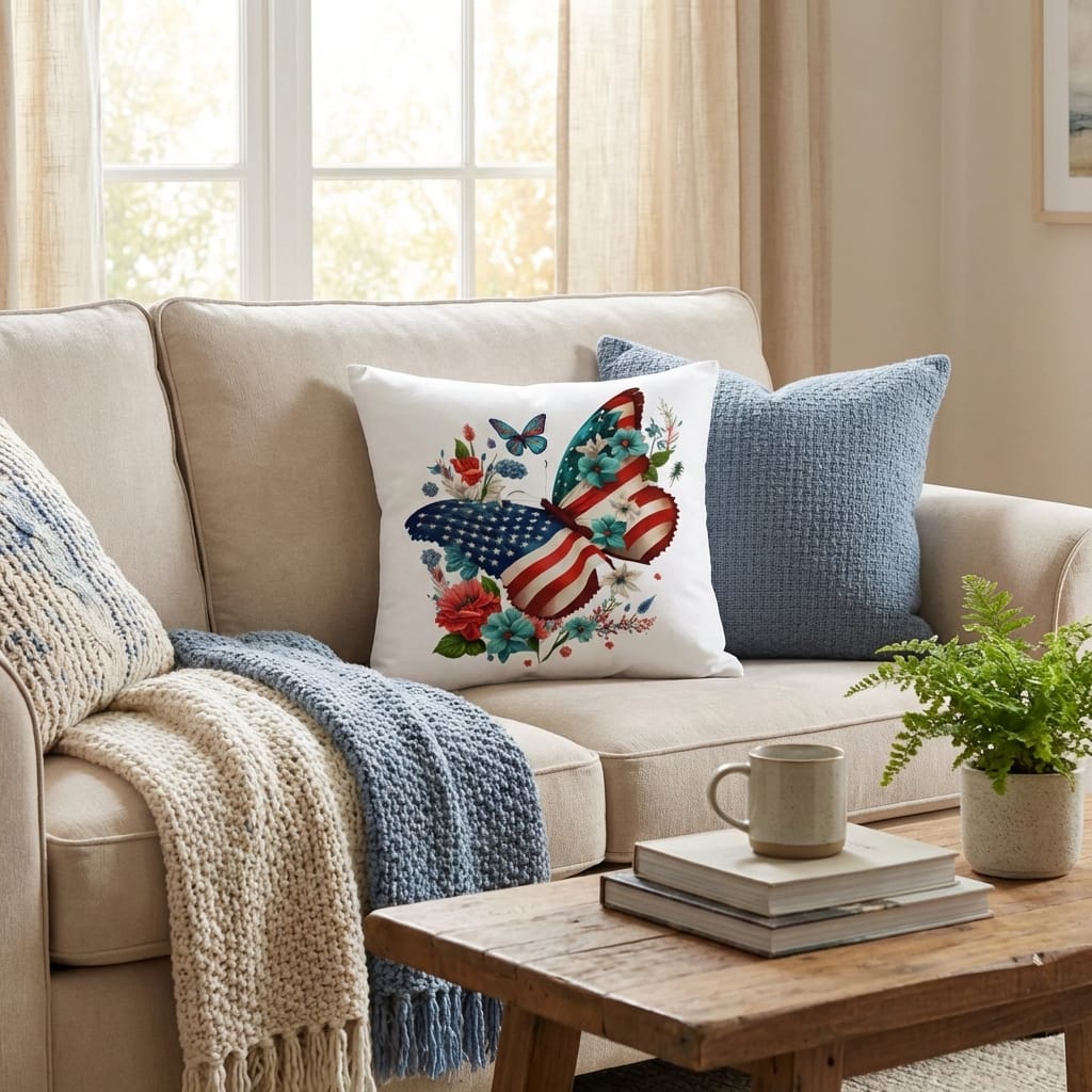 Patriotic Floral Butterfly Pillow – American Flag Butterfly Throw Pillow – Red White Blue Cottagecore Farmhouse Decor