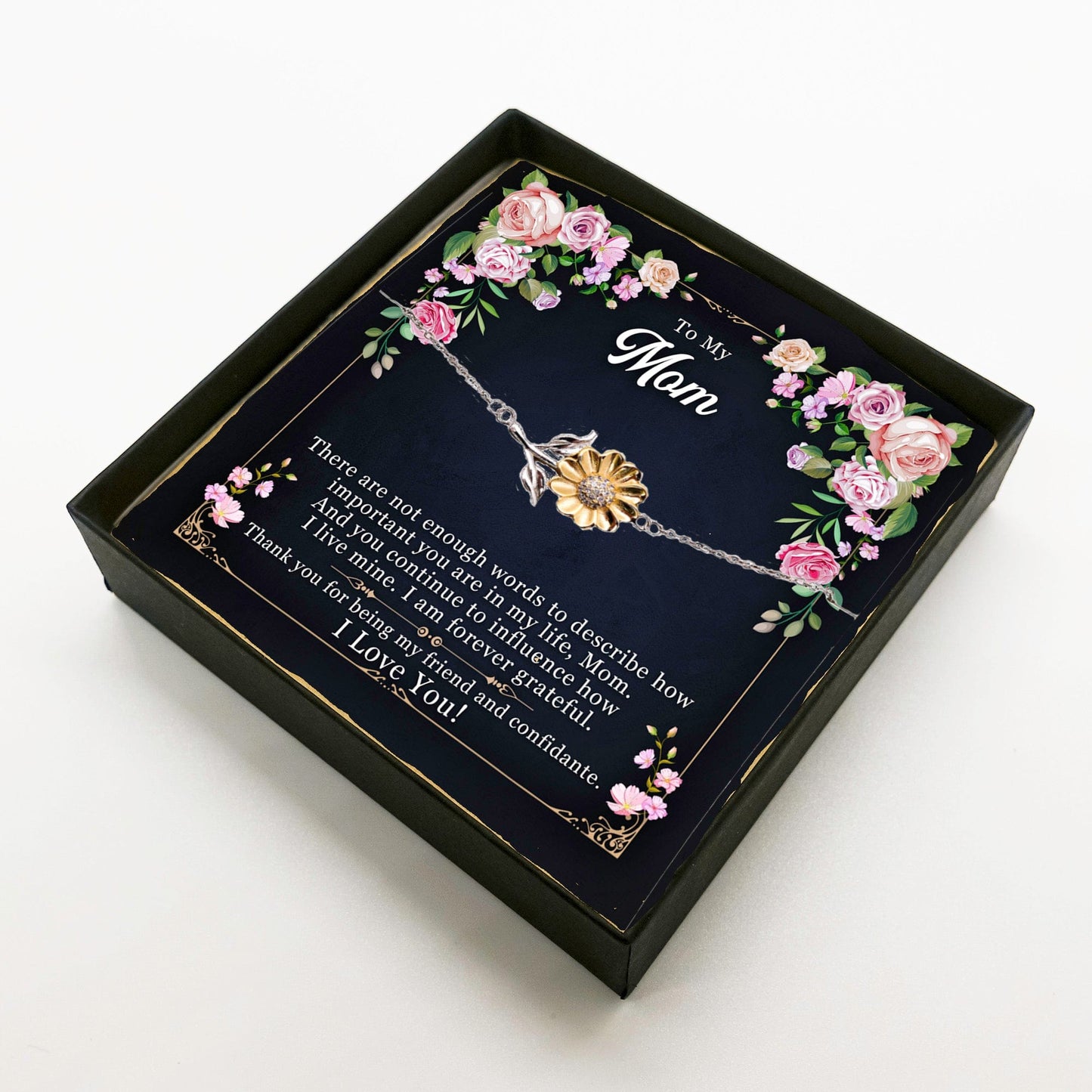 Mom Sunflower Bracelet – Sterling Silver with 18K Gold-Plated Petals – Sentimental Mother’s Day, Birthday, or Christmas Gift with Heartfelt Message Card - My Friend and Confidante