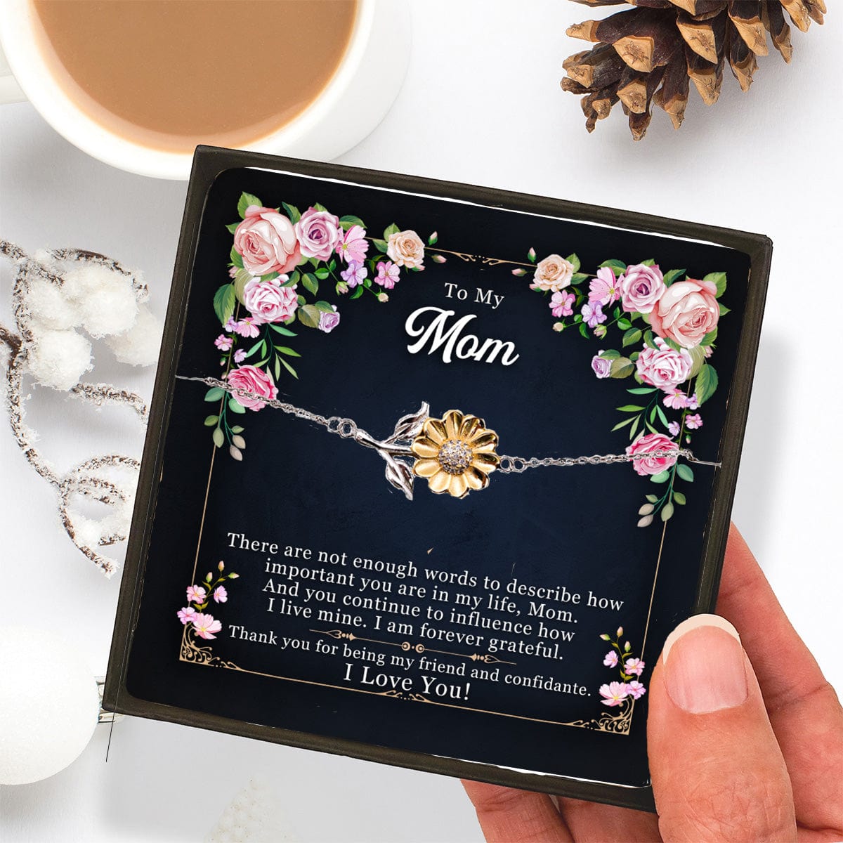Mom Sunflower Bracelet – Sterling Silver with 18K Gold-Plated Petals – Sentimental Mother’s Day, Birthday, or Christmas Gift with Heartfelt Message Card - My Friend and Confidante