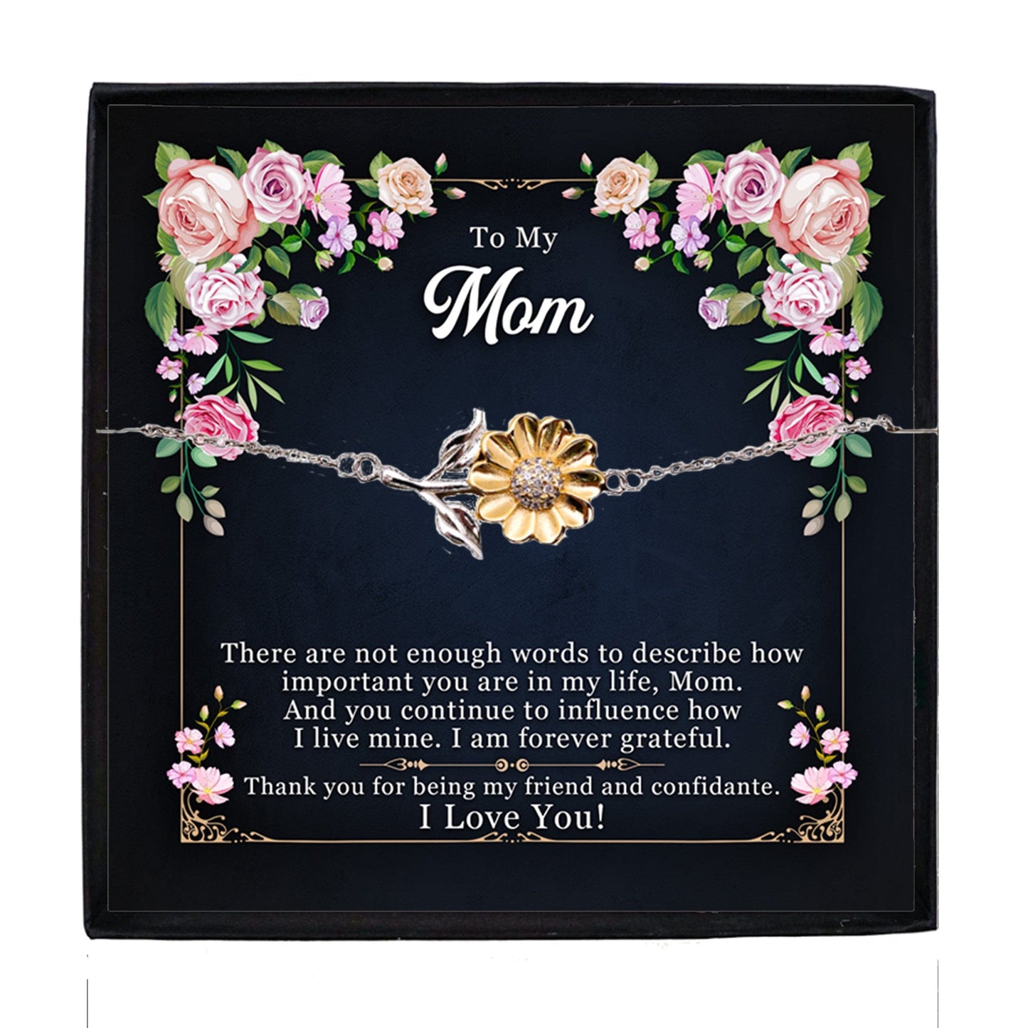 Mom Sunflower Bracelet – Sterling Silver with 18K Gold-Plated Petals – Sentimental Mother’s Day, Birthday, or Christmas Gift with Heartfelt Message Card - My Friend and Confidante