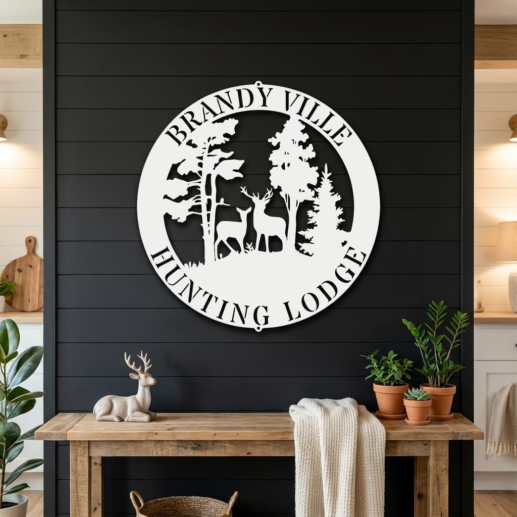 Personalized Deer Scene Metal Sign – Custom Last Name Wall Art – Rustic Cabin Forest Decor Gift