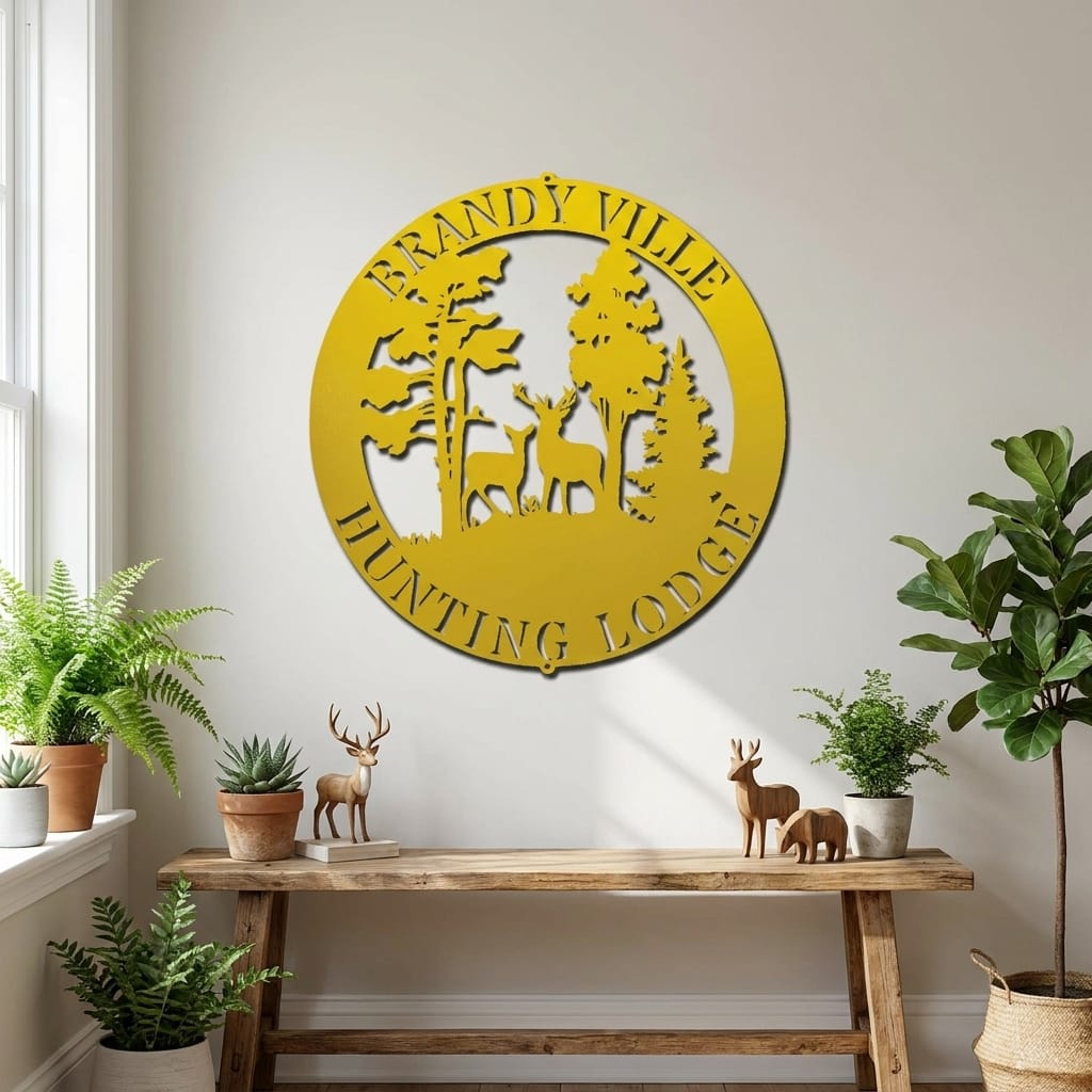 Personalized Deer Scene Metal Sign – Custom Last Name Wall Art – Rustic Cabin Forest Decor Gift