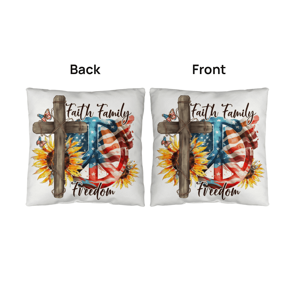 Faith Family Freedom Patriotic Pillow – Christian American Flag Indoor Outdoor Pillow – Rustic Farmhouse Cross Decor – Inspirational USA Throw Pillow