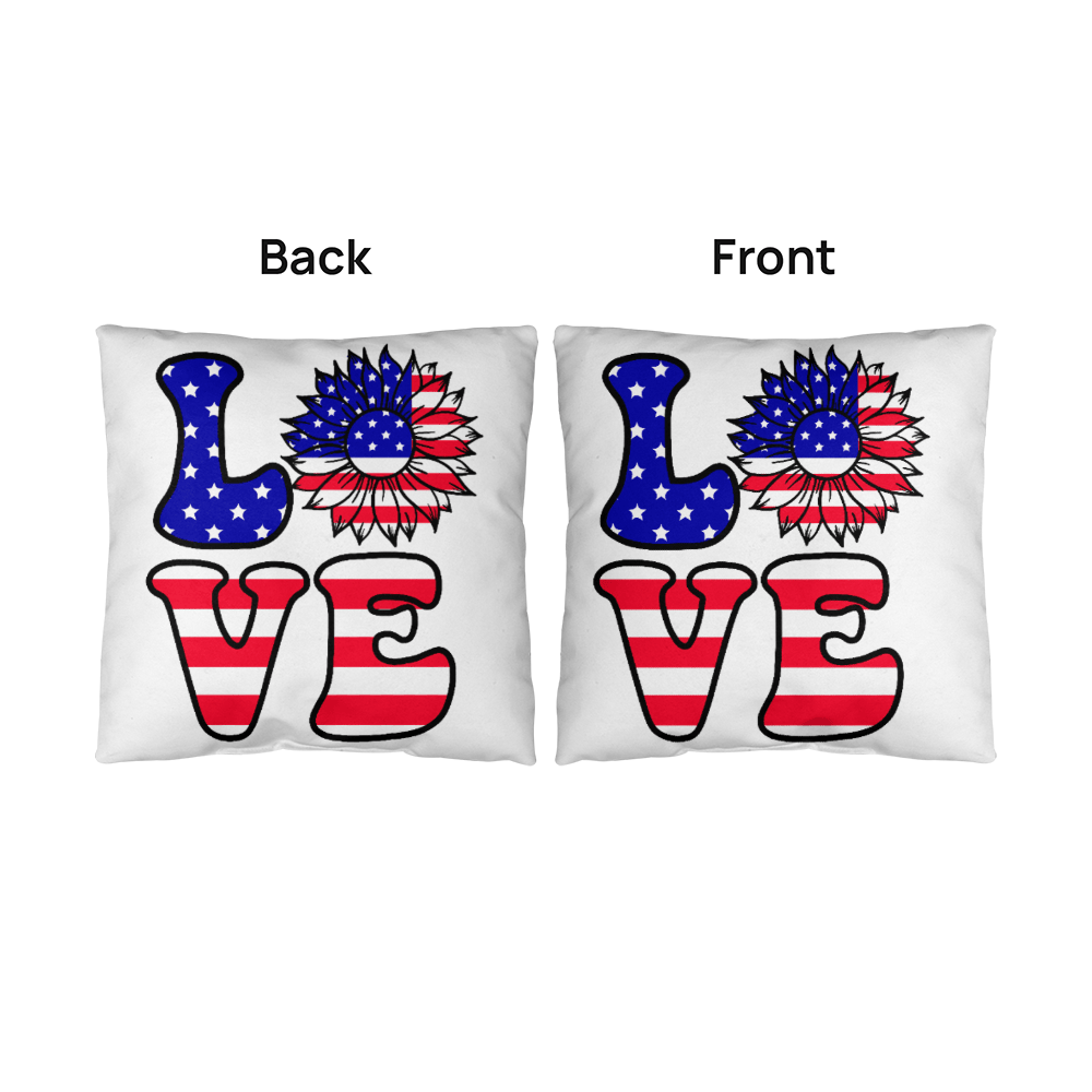 Patriotic Love Pillow, USA Flag Sunflower Throw Pillow, Indoor Outdoor Polyester Cushion, 4th of July Home Decor, American Flag Accent Pillow