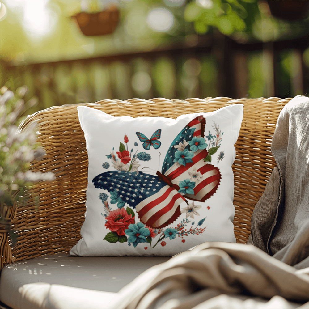 Patriotic Floral Butterfly Pillow – American Flag Butterfly Throw Pillow – Red White Blue Cottagecore Farmhouse Decor