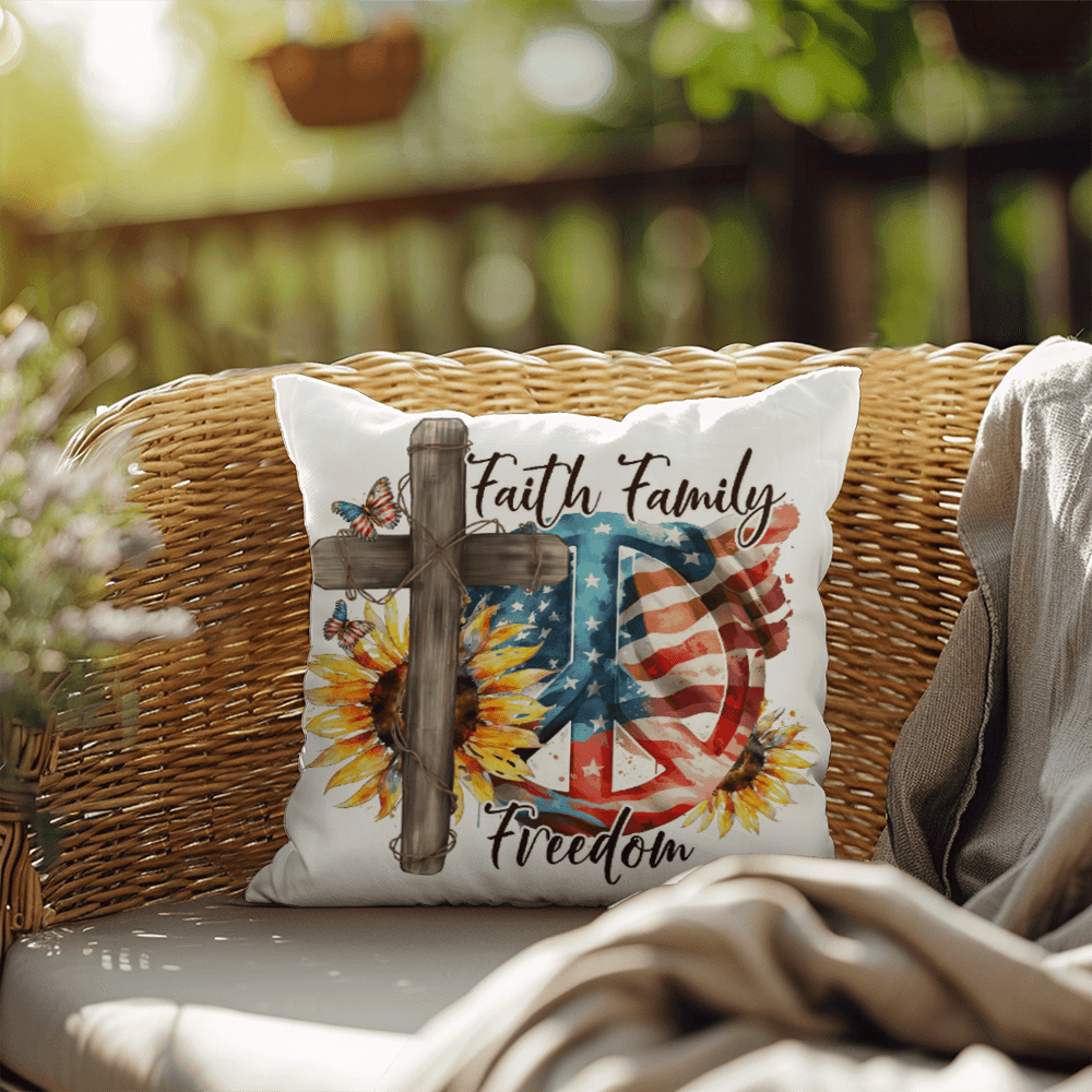 Faith Family Freedom Patriotic Pillow – Christian American Flag Indoor Outdoor Pillow – Rustic Farmhouse Cross Decor – Inspirational USA Throw Pillow