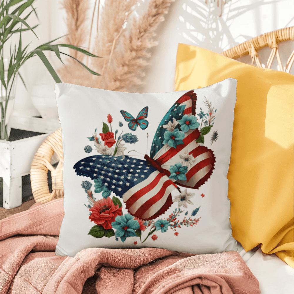 Patriotic Floral Butterfly Pillow – American Flag Butterfly Throw Pillow – Red White Blue Cottagecore Farmhouse Decor