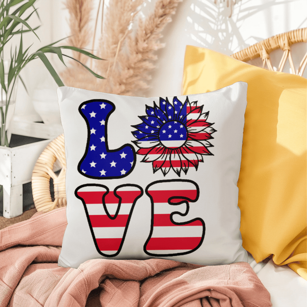 Patriotic Love Pillow, USA Flag Sunflower Throw Pillow, Indoor Outdoor Polyester Cushion, 4th of July Home Decor, American Flag Accent Pillow