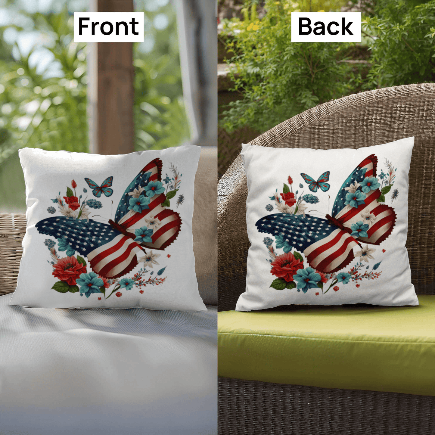 Patriotic Floral Butterfly Pillow – American Flag Butterfly Throw Pillow – Red White Blue Cottagecore Farmhouse Decor
