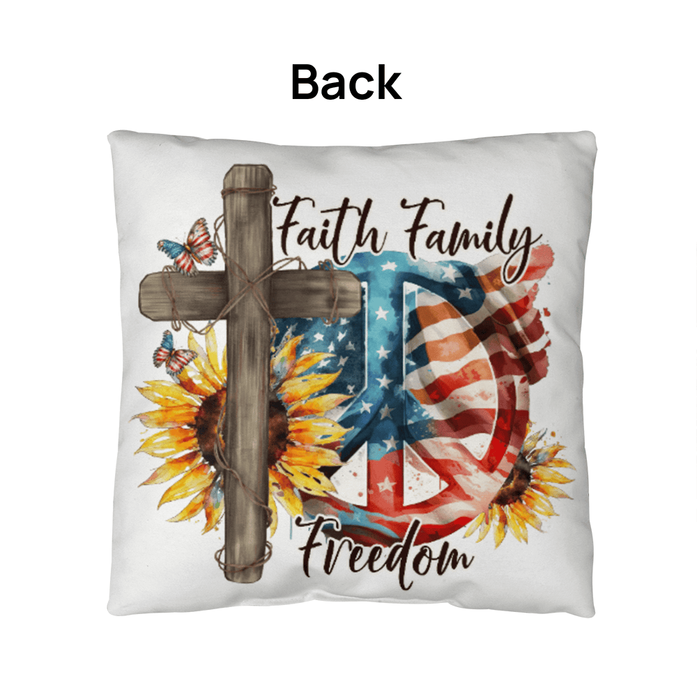 Faith Family Freedom Patriotic Pillow – Christian American Flag Indoor Outdoor Pillow – Rustic Farmhouse Cross Decor – Inspirational USA Throw Pillow