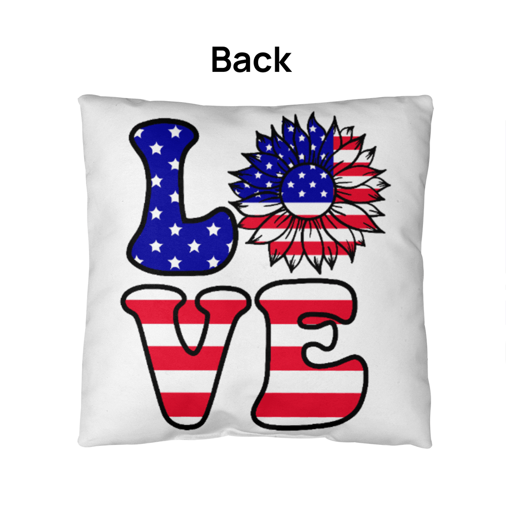 Patriotic Love Pillow, USA Flag Sunflower Throw Pillow, Indoor Outdoor Polyester Cushion, 4th of July Home Decor, American Flag Accent Pillow