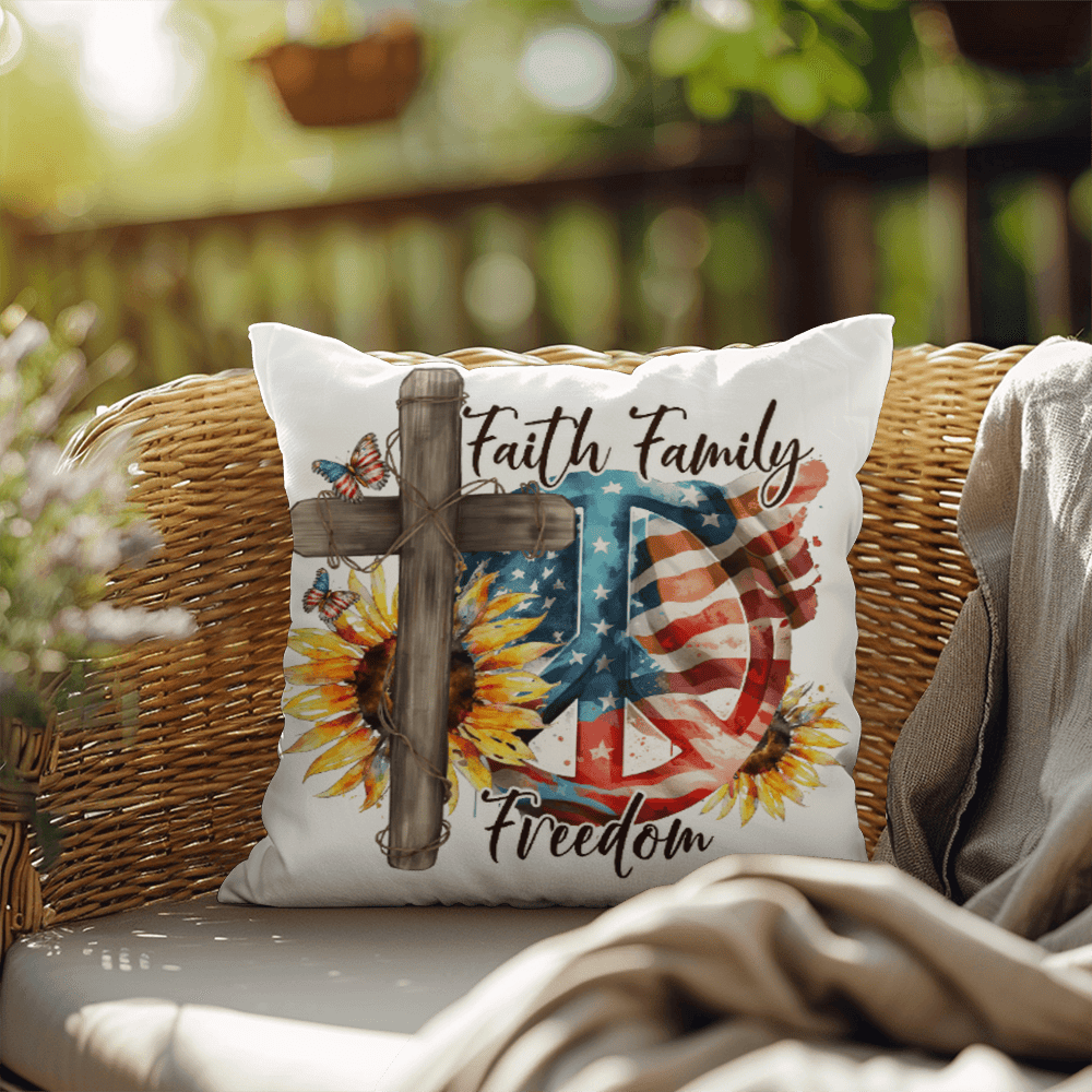 Faith Family Freedom Patriotic Pillow – Christian American Flag Indoor Outdoor Pillow – Rustic Farmhouse Cross Decor – Inspirational USA Throw Pillow