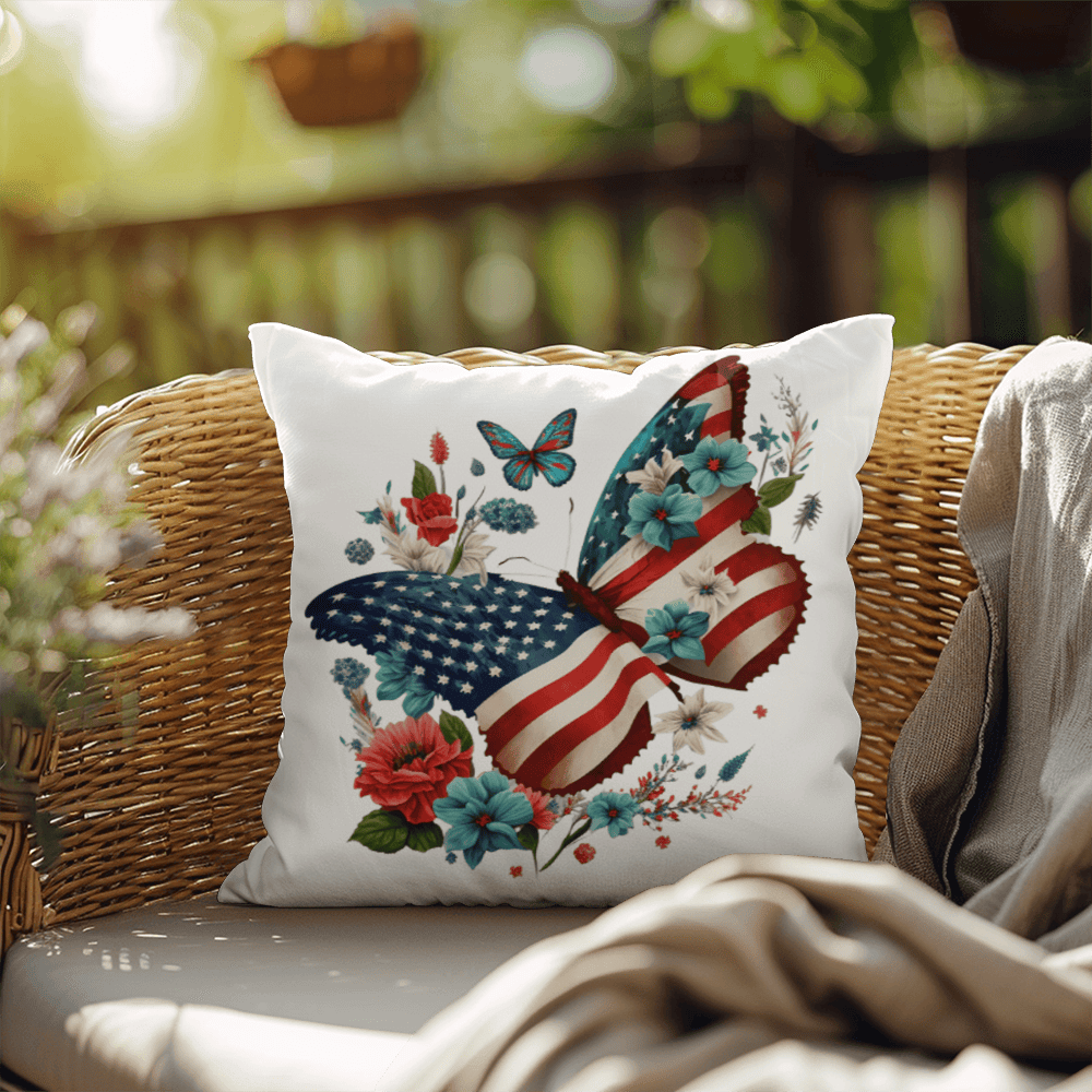 Patriotic Floral Butterfly Pillow – American Flag Butterfly Throw Pillow – Red White Blue Cottagecore Farmhouse Decor