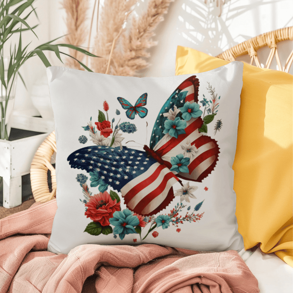 Patriotic Floral Butterfly Pillow – American Flag Butterfly Throw Pillow – Red White Blue Cottagecore Farmhouse Decor