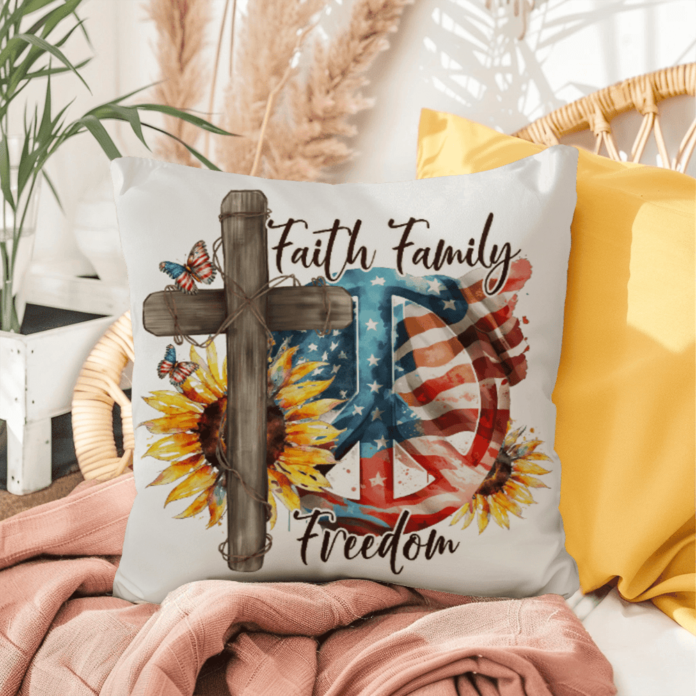Faith Family Freedom Patriotic Pillow – Christian American Flag Indoor Outdoor Pillow – Rustic Farmhouse Cross Decor – Inspirational USA Throw Pillow