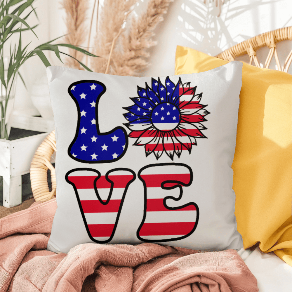 Patriotic Love Pillow, USA Flag Sunflower Throw Pillow, Indoor Outdoor Polyester Cushion, 4th of July Home Decor, American Flag Accent Pillow
