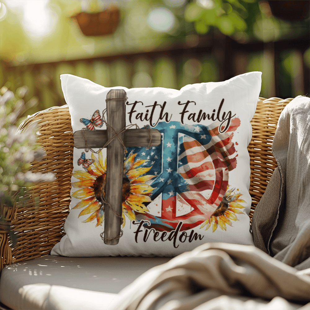 Faith Family Freedom Patriotic Pillow – Christian American Flag Indoor Outdoor Pillow – Rustic Farmhouse Cross Decor – Inspirational USA Throw Pillow