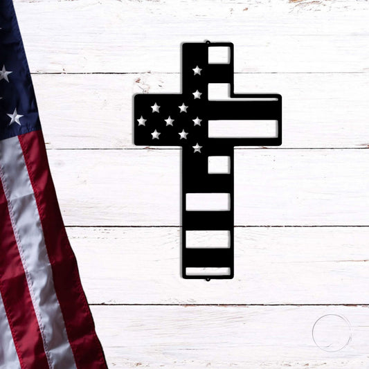 American Flag Cross Steel Sign – Patriotic Christian Cross Decor – USA Flag Faith Metal Art – Veteran Tribute Wall Decor