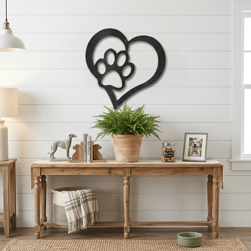 Paw and Heart Metal Wall Art | Pet Lover Metal Sign | Dog & Cat Memorial Decor | Made in USA