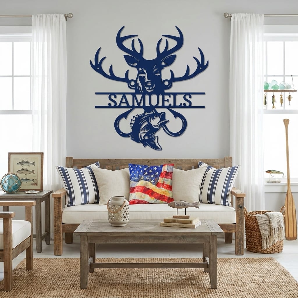 Personalized Outdoorsman Metal Wall Art Deer Hunting and Bass Fishing Sign Custom Name Rustic Cabin Decor Hunter Fisherman Gift