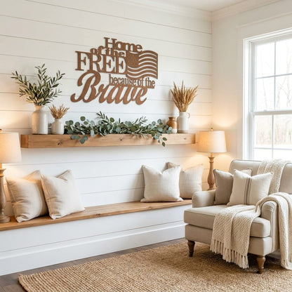 Patriotic Home of the Free Wall Art, American Flag Metal Sign, Rustic Farmhouse USA Decor, Military Tribute Wall Hanging Living Room Decor
