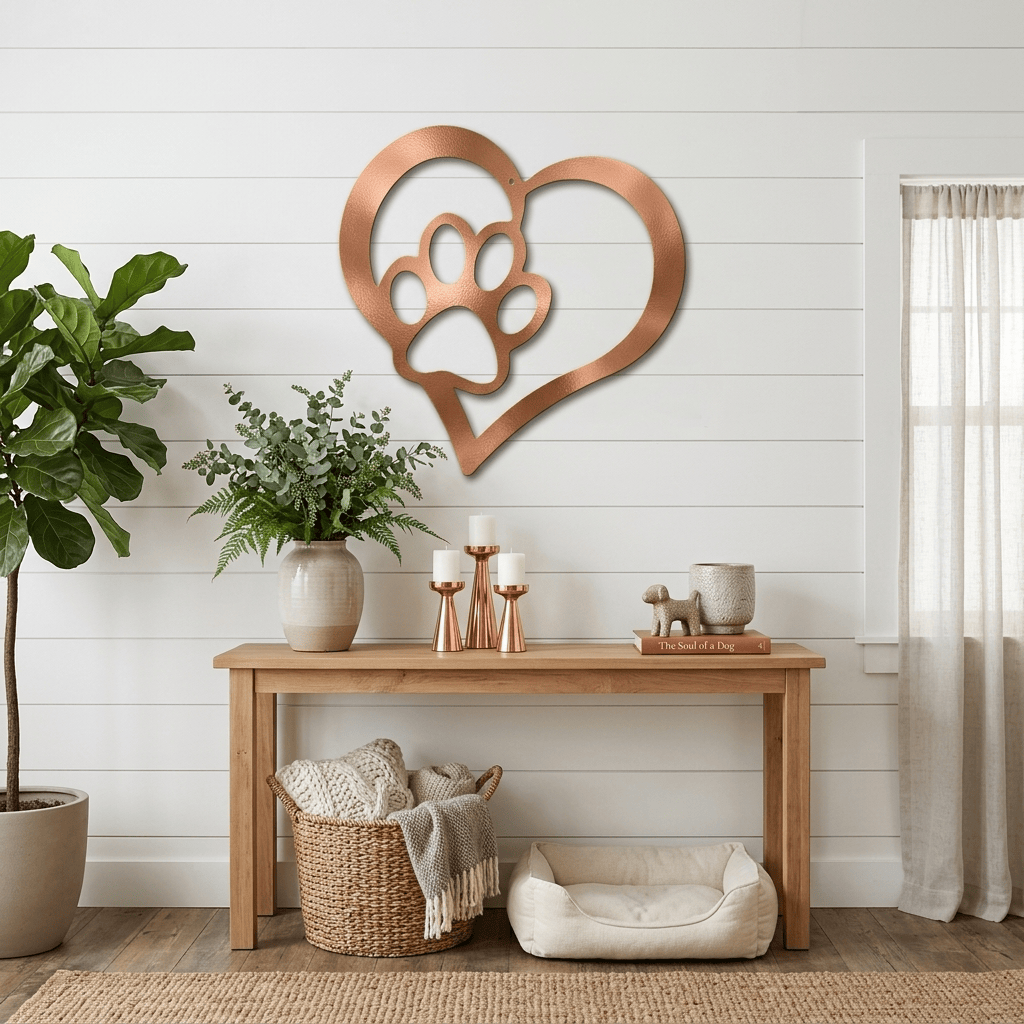Paw and Heart Metal Wall Art | Pet Lover Metal Sign | Dog & Cat Memorial Decor | Made in USA