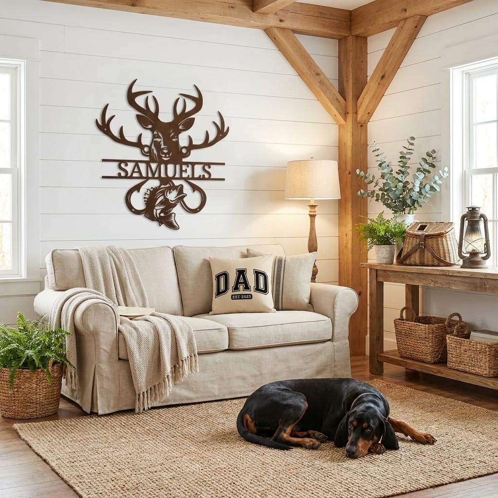 Personalized Outdoorsman Metal Wall Art Deer Hunting and Bass Fishing Sign Custom Name Rustic Cabin Decor Hunter Fisherman Gift