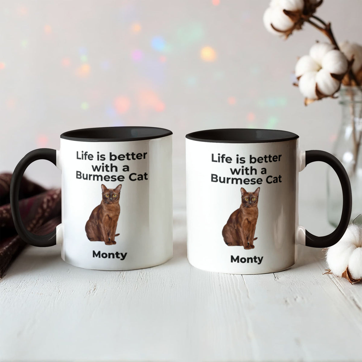 Burmese Cat Mug, Personalized Cat Name Coffee Cup, Life Is Better With a Burmese Cat Lover Gift, Color Accent Ceramic Mug for Cat Mom