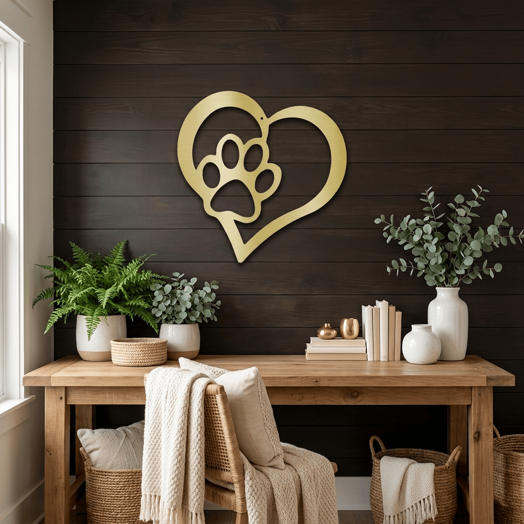 Paw and Heart Metal Wall Art | Pet Lover Metal Sign | Dog & Cat Memorial Decor | Made in USA
