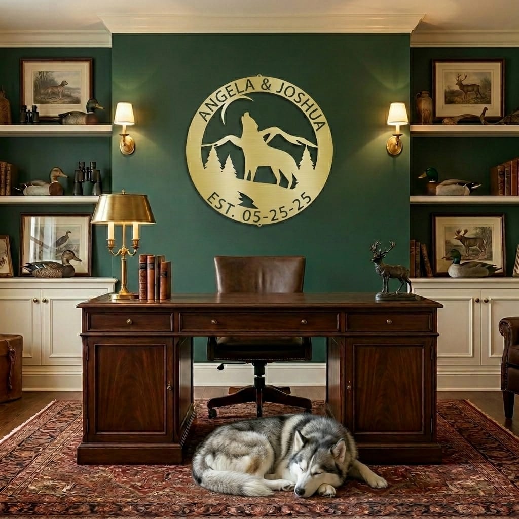 Howling Wolf Monogram Custom Indoor Outdoor Steel Wall Sign Art