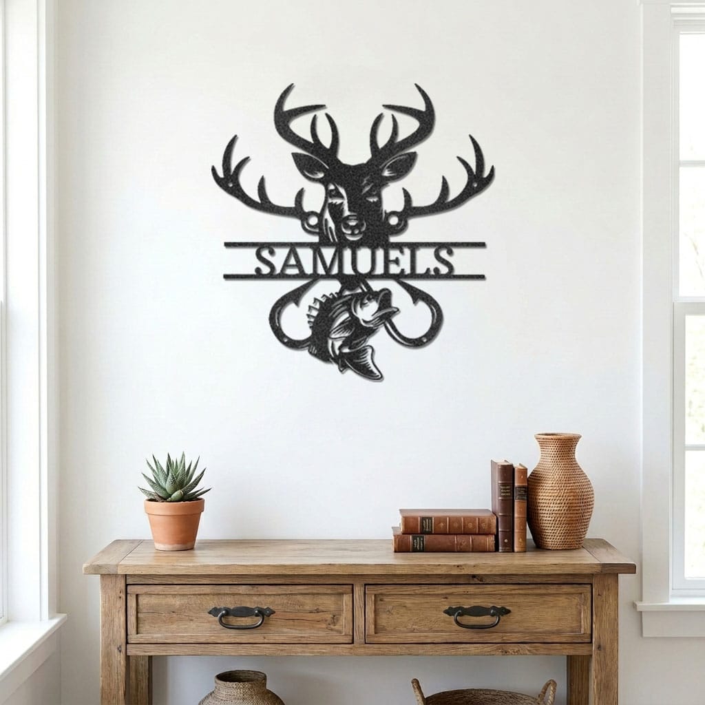 Personalized Outdoorsman Metal Wall Art Deer Hunting and Bass Fishing Sign Custom Name Rustic Cabin Decor Hunter Fisherman Gift