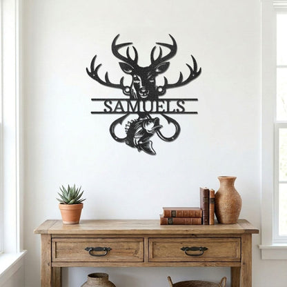 Personalized Outdoorsman Metal Wall Art Deer Hunting and Bass Fishing Sign Custom Name Rustic Cabin Decor Hunter Fisherman Gift