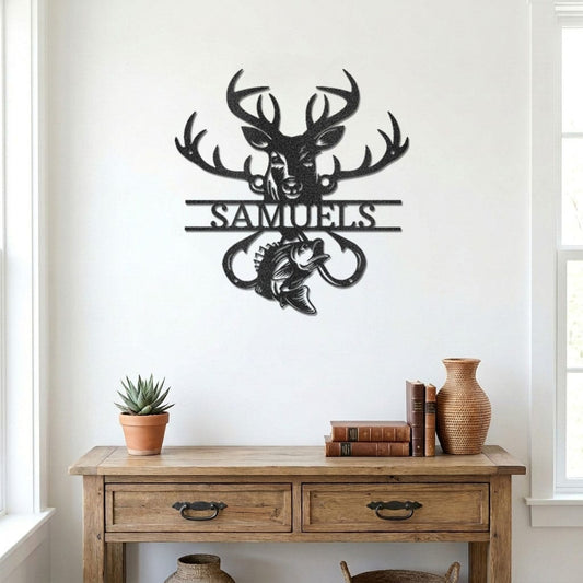 Personalized Outdoorsman Metal Wall Art Deer Hunting and Bass Fishing Sign Custom Name Rustic Cabin Decor Hunter Fisherman Gift