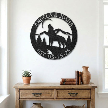 Howling Wolf Monogram Custom Indoor Outdoor Steel Wall Sign Art