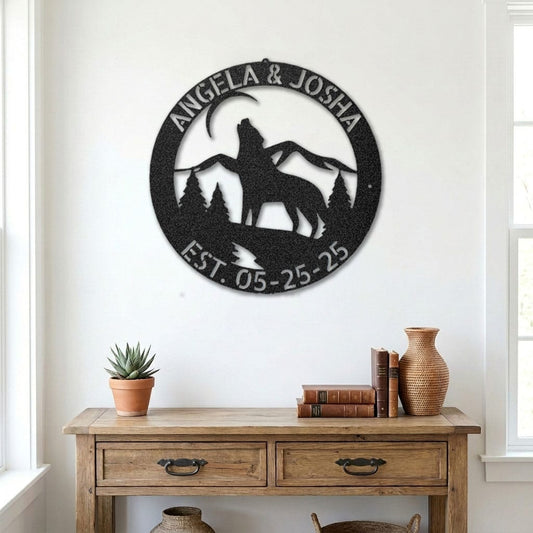 Howling Wolf Monogram Custom Indoor Outdoor Steel Wall Sign Art