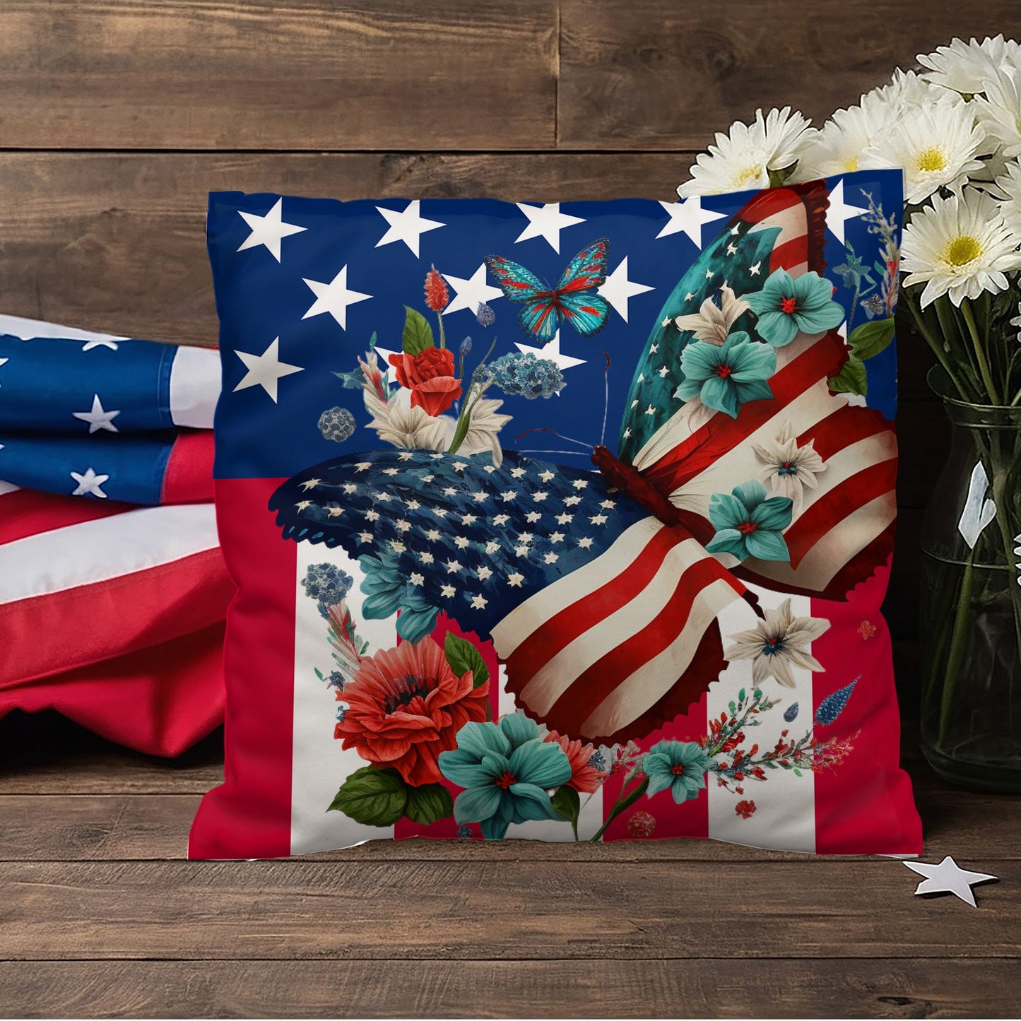 Patriotic Floral Butterfly Pillow – American Flag Butterfly Throw Pillow – Red White Blue Cottagecore Farmhouse Decor