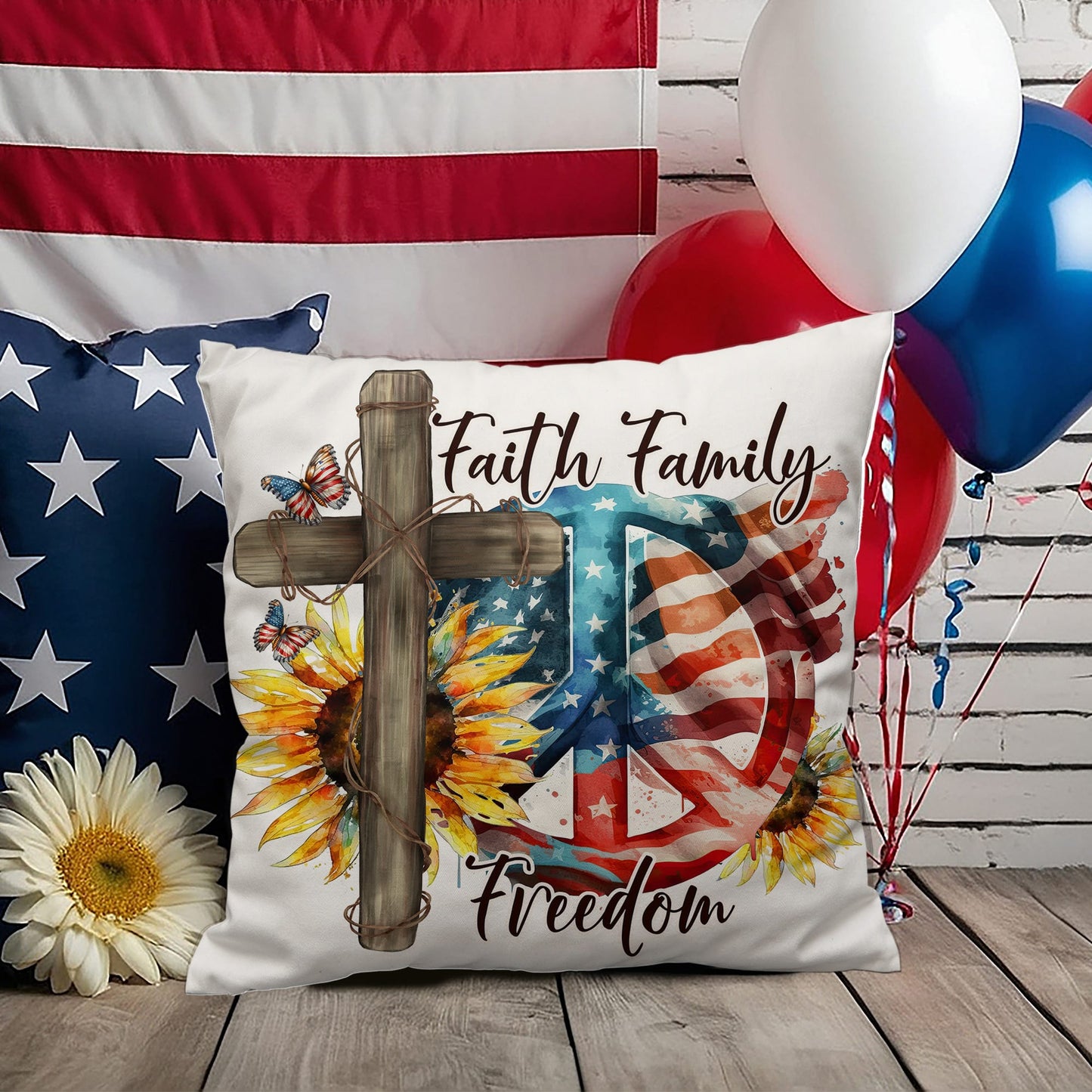 Faith Family Freedom Patriotic Pillow – Christian American Flag Indoor Outdoor Pillow – Rustic Farmhouse Cross Decor – Inspirational USA Throw Pillow