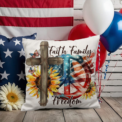 Faith Family Freedom Patriotic Pillow – Christian American Flag Indoor Outdoor Pillow – Rustic Farmhouse Cross Decor – Inspirational USA Throw Pillow