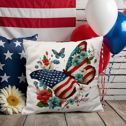 Patriotic Floral Butterfly Pillow – American Flag Butterfly Throw Pillow – Red White Blue Cottagecore Farmhouse Decor