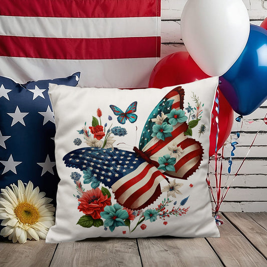 Patriotic Floral Butterfly Pillow – American Flag Butterfly Throw Pillow – Red White Blue Cottagecore Farmhouse Decor