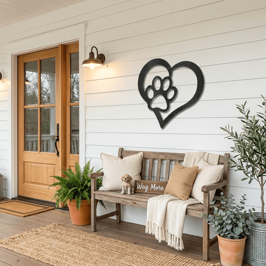 Paw and Heart Metal Wall Art | Pet Lover Metal Sign | Dog & Cat Memorial Decor | Made in USA