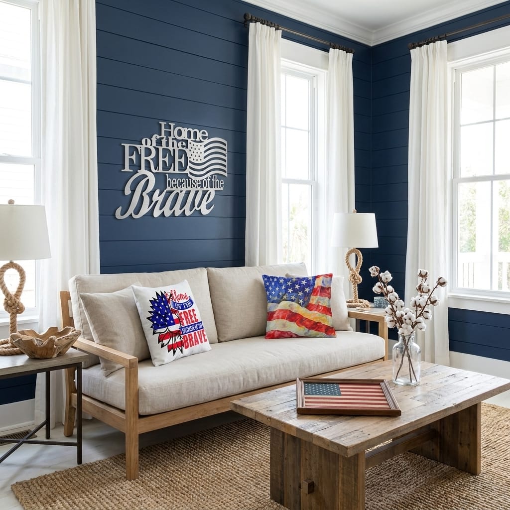 Patriotic Home of the Free Wall Art, American Flag Metal Sign, Rustic Farmhouse USA Decor, Military Tribute Wall Hanging Living Room Decor