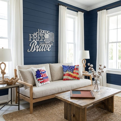 Patriotic Home of the Free Wall Art, American Flag Metal Sign, Rustic Farmhouse USA Decor, Military Tribute Wall Hanging Living Room Decor