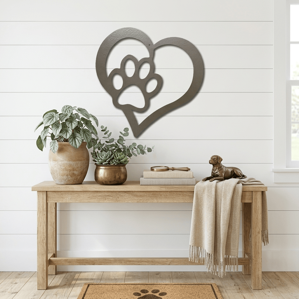 Paw and Heart Metal Wall Art | Pet Lover Metal Sign | Dog & Cat Memorial Decor | Made in USA