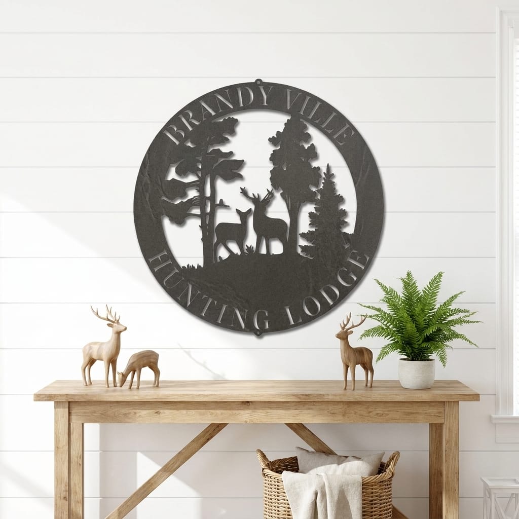 Personalized Deer Scene Metal Sign – Custom Last Name Wall Art – Rustic Cabin Forest Decor Gift