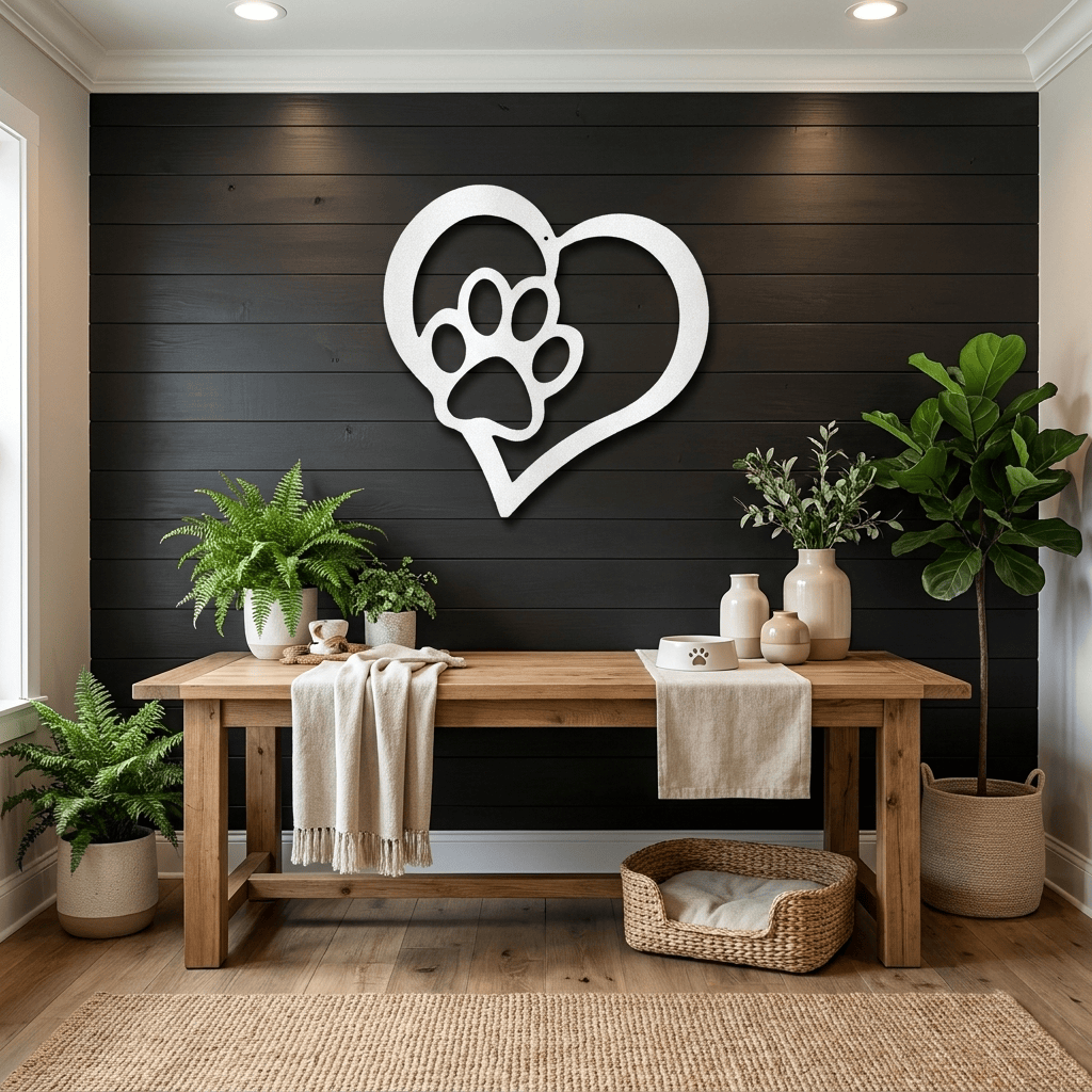 Paw and Heart Metal Wall Art | Pet Lover Metal Sign | Dog & Cat Memorial Decor | Made in USA