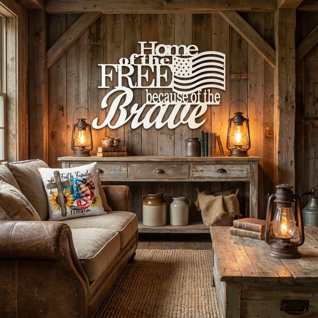 Patriotic Home of the Free Wall Art, American Flag Metal Sign, Rustic Farmhouse USA Decor, Military Tribute Wall Hanging Living Room Decor