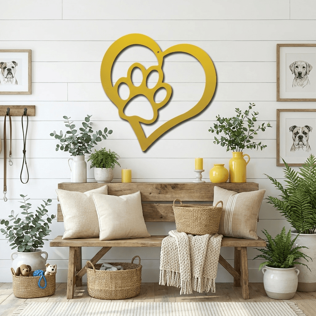 Paw and Heart Metal Wall Art | Pet Lover Metal Sign | Dog & Cat Memorial Decor | Made in USA