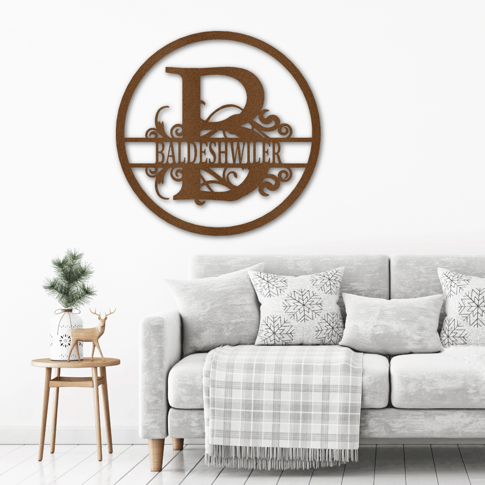 Split Curly Monogram Metal Wall Art Sign & Gift Decor