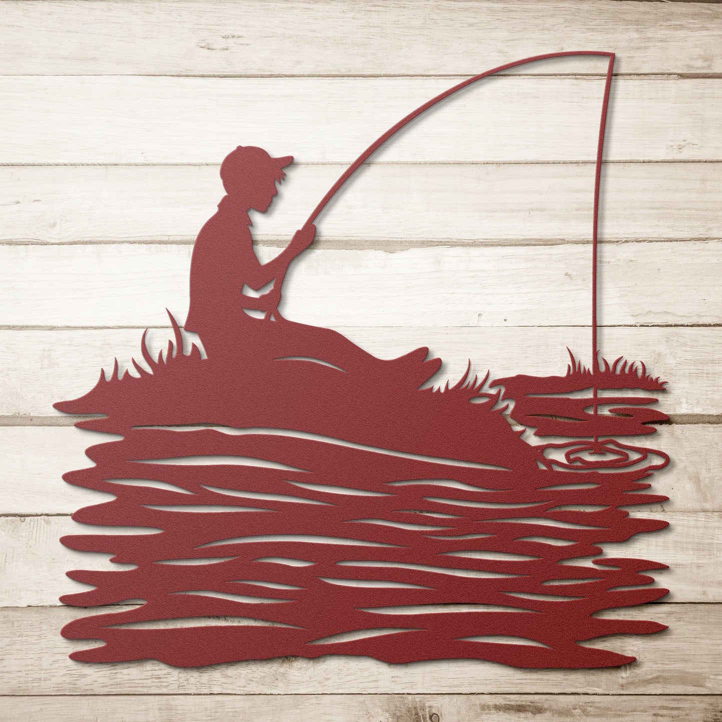Boy Fishing on Lake Metal Wall Art